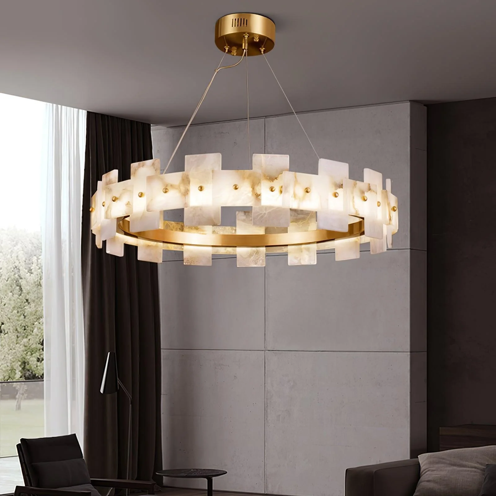Valentina Gorgeous Ring Alabaster Brass Chandelier Living Room Bedroom