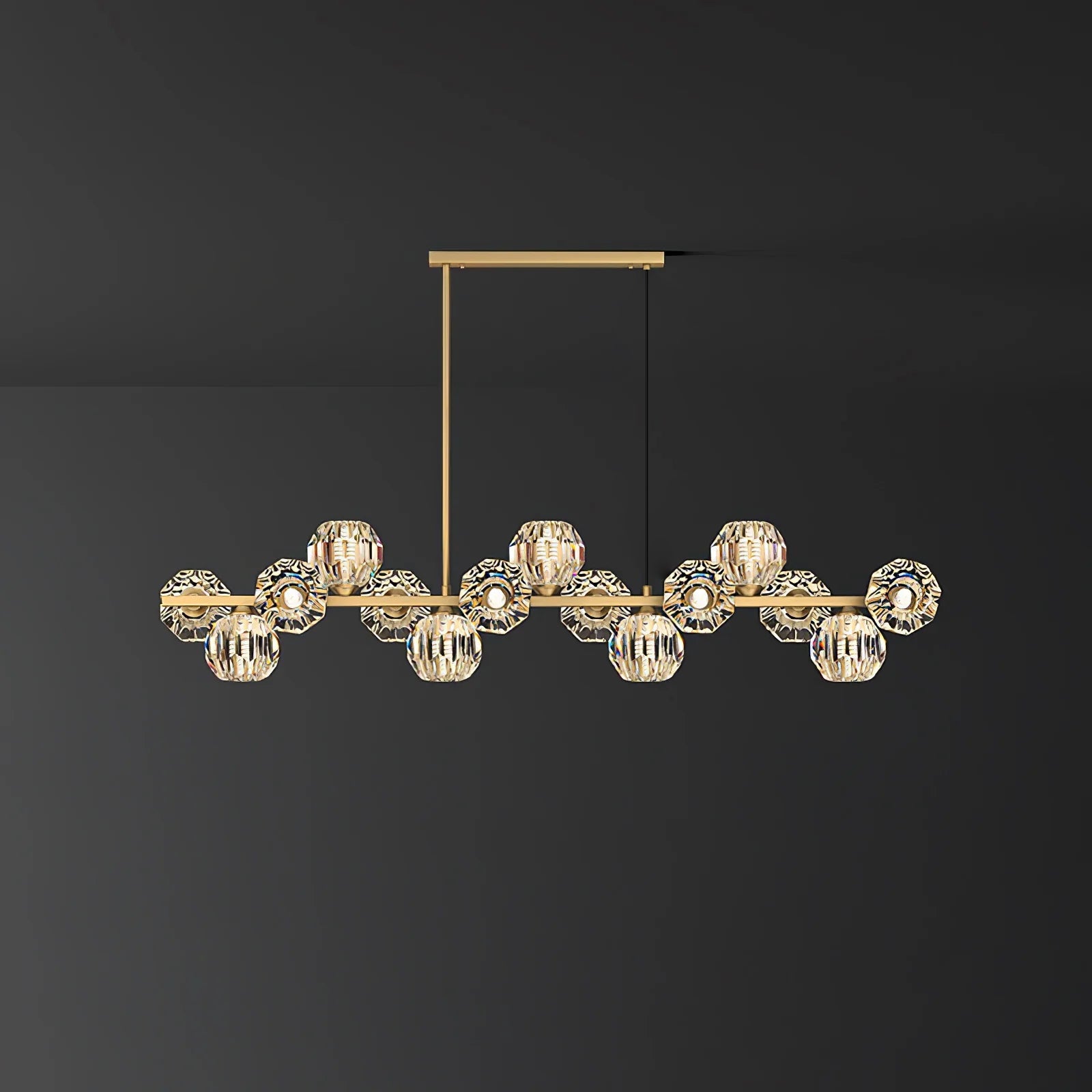 Valentina Modern LED Long Linear Metal Brass Multi Crystal Glass Globe Living/Dining Room Pendant Light