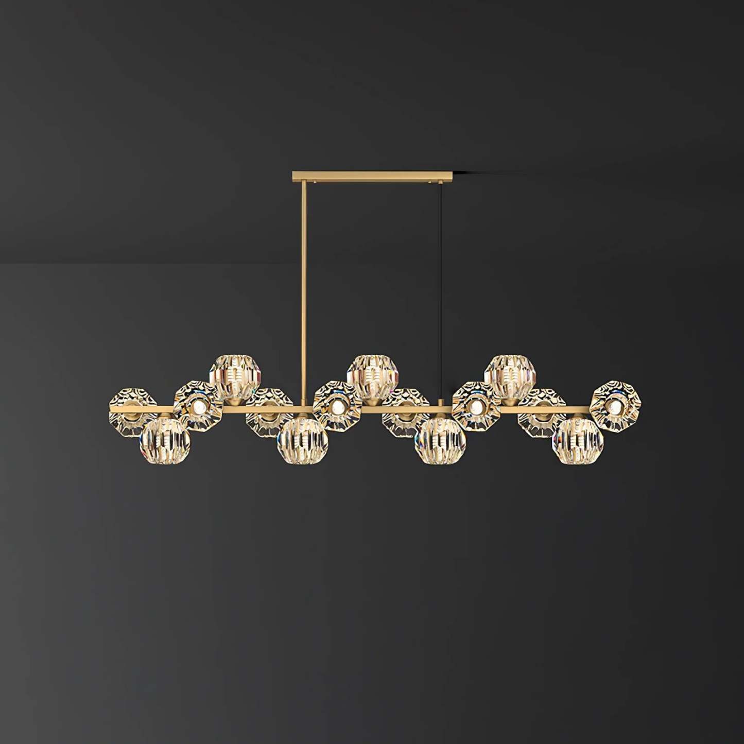 Valentina Modern LED Long Linear Metal Brass Multi Crystal Glass Globe Living/Dining Room Pendant Light