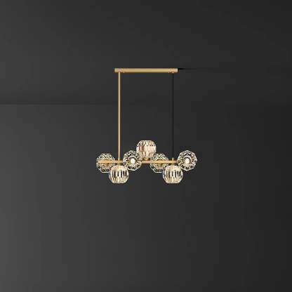 Valentina Modern LED Long Linear Metal Brass Multi Crystal Glass Globe Living/Dining Room Pendant Light