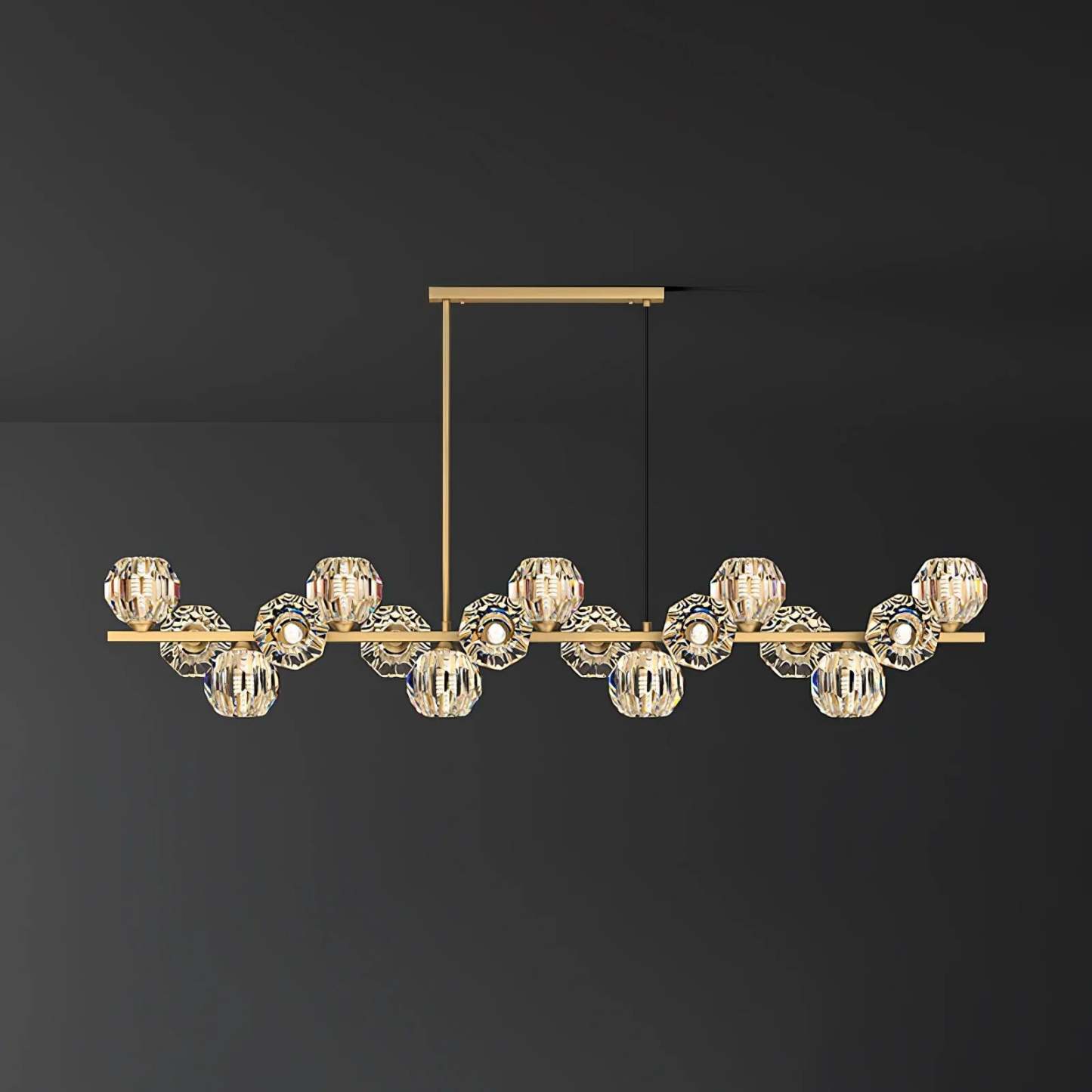Valentina Modern LED Long Linear Metal Brass Multi Crystal Glass Globe Living/Dining Room Pendant Light