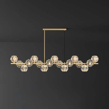 Valentina Modern LED Long Linear Metal Brass Multi Crystal Glass Globe Living/Dining Room Pendant Light