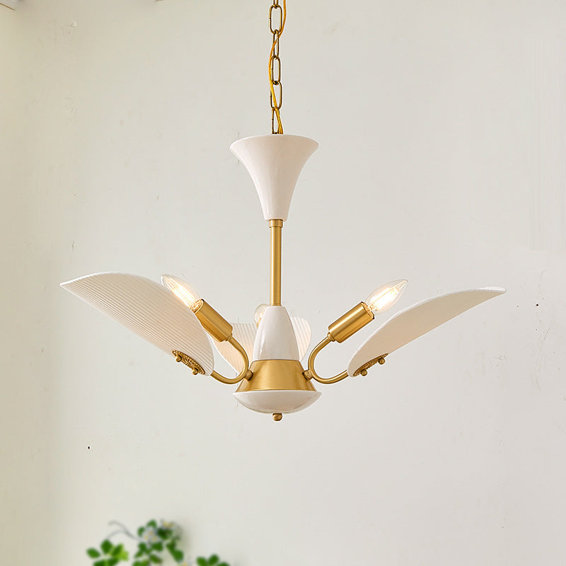 Alessio chandelier: Modern LED lighting with white petal shades.