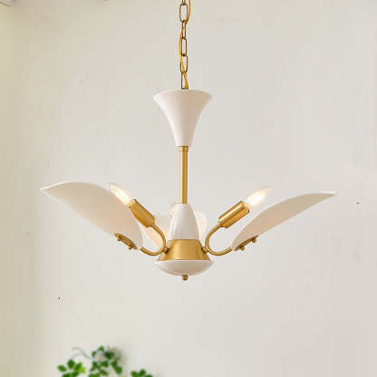 Alessio chandelier: Modern LED lighting with white petal shades.