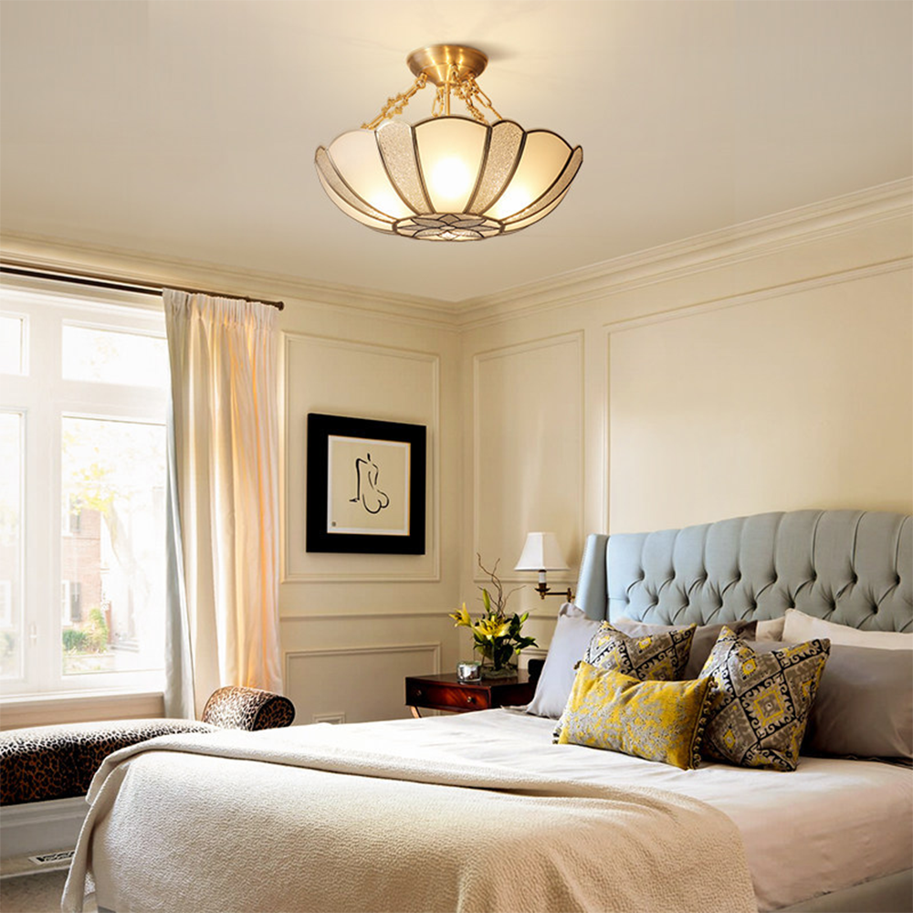 Bedroom with Alessio flower ceiling light. Retro flush mount lighting.