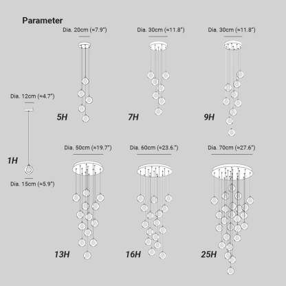 Alana Chandelier Sizes - Globe Cluster Lighting Dimensions