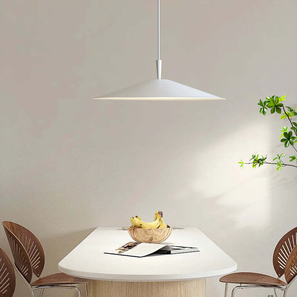 Modern pendant light in dining room with fruit and table