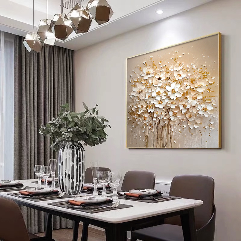 Floral Luxury Gold White Oil Painting Canvas Wall Art Dining Living Room