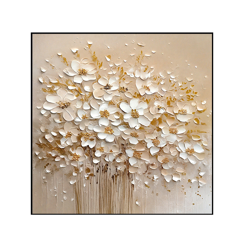 Floral Luxury Gold White Oil Painting Canvas Wall Art Dining Living Room