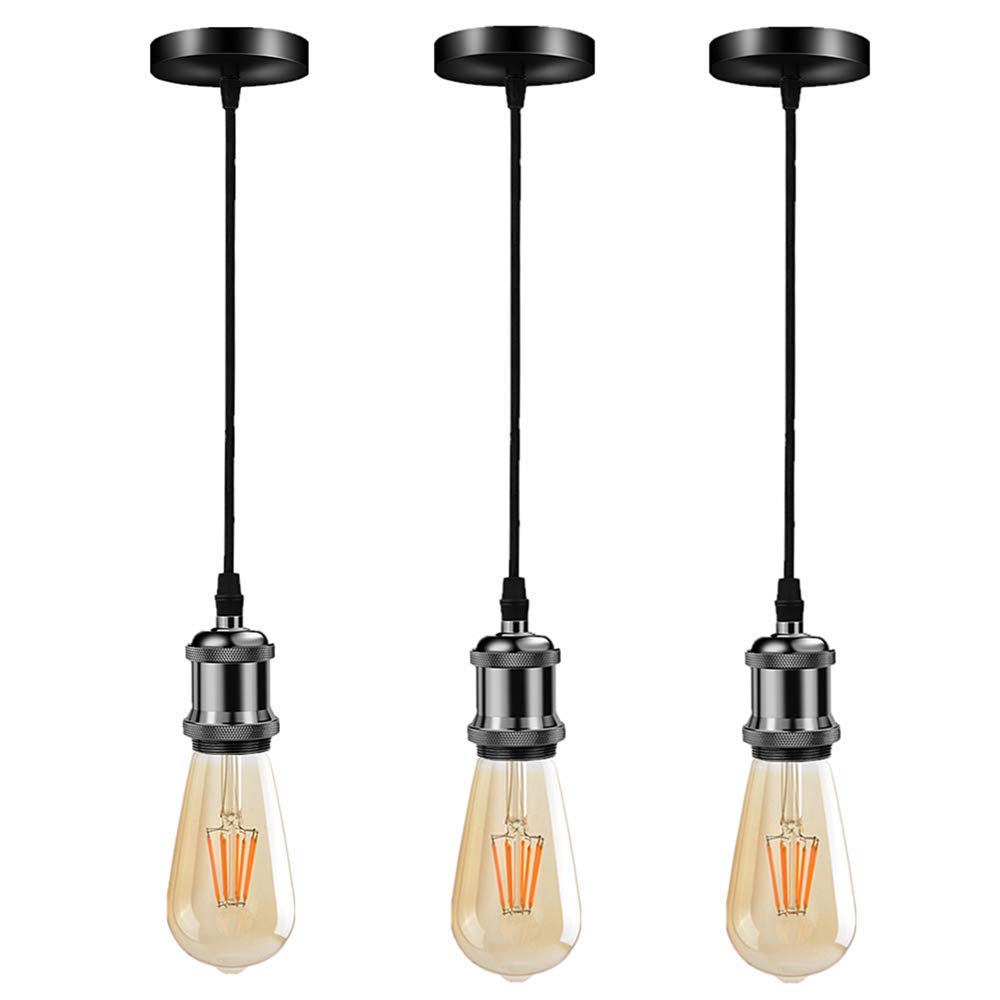 Three Alessio Retro Pendant Lights, Black/Gold Metal Glass Bedroom