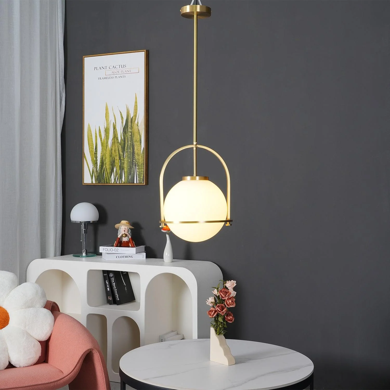 Alessio Vintage Ball Metal Brass Glass Pendant Light Living Room Dining Room