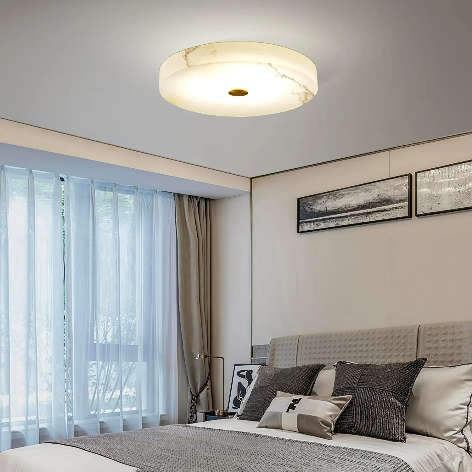 Byers Modern Round Metal Alabaster Ceiling Lamp Living Room Bedoom