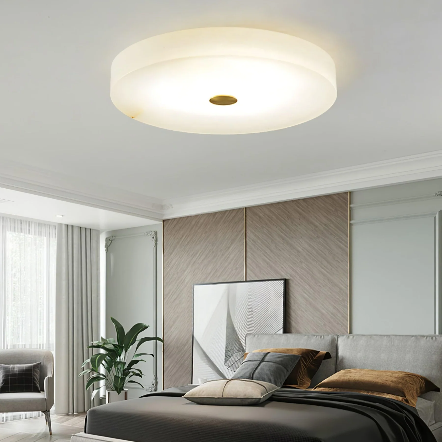Byers Modern Round Metal Alabaster Ceiling Light Living Room Bedoom