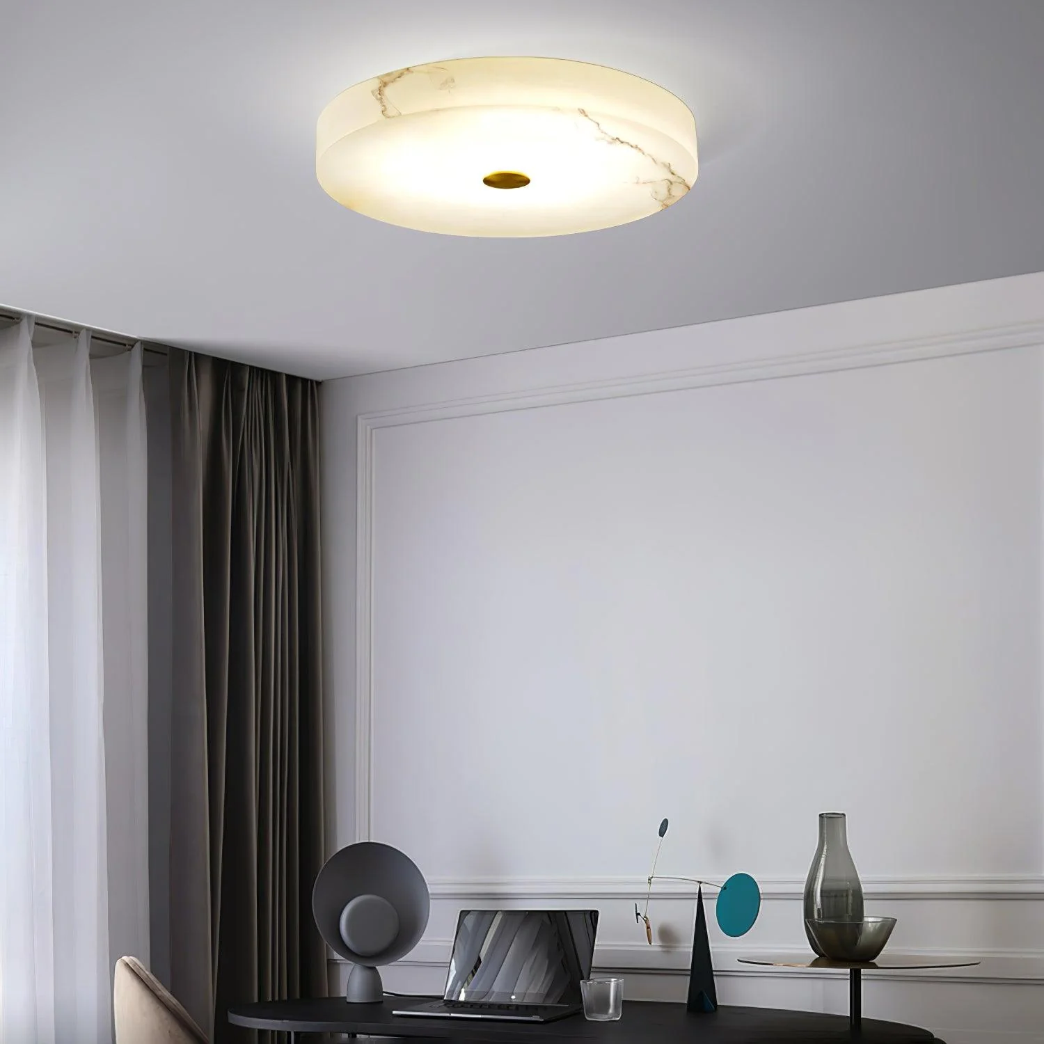 Byers Modern Round Metal Alabaster Ceiling Lamp Living Room Bedoom