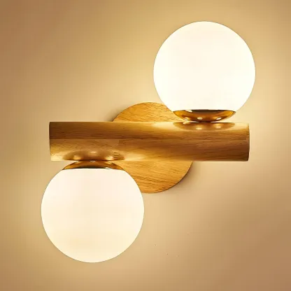 Ozawa Double Spherical Wood Glass Wall Lamp Bedroom Living Room