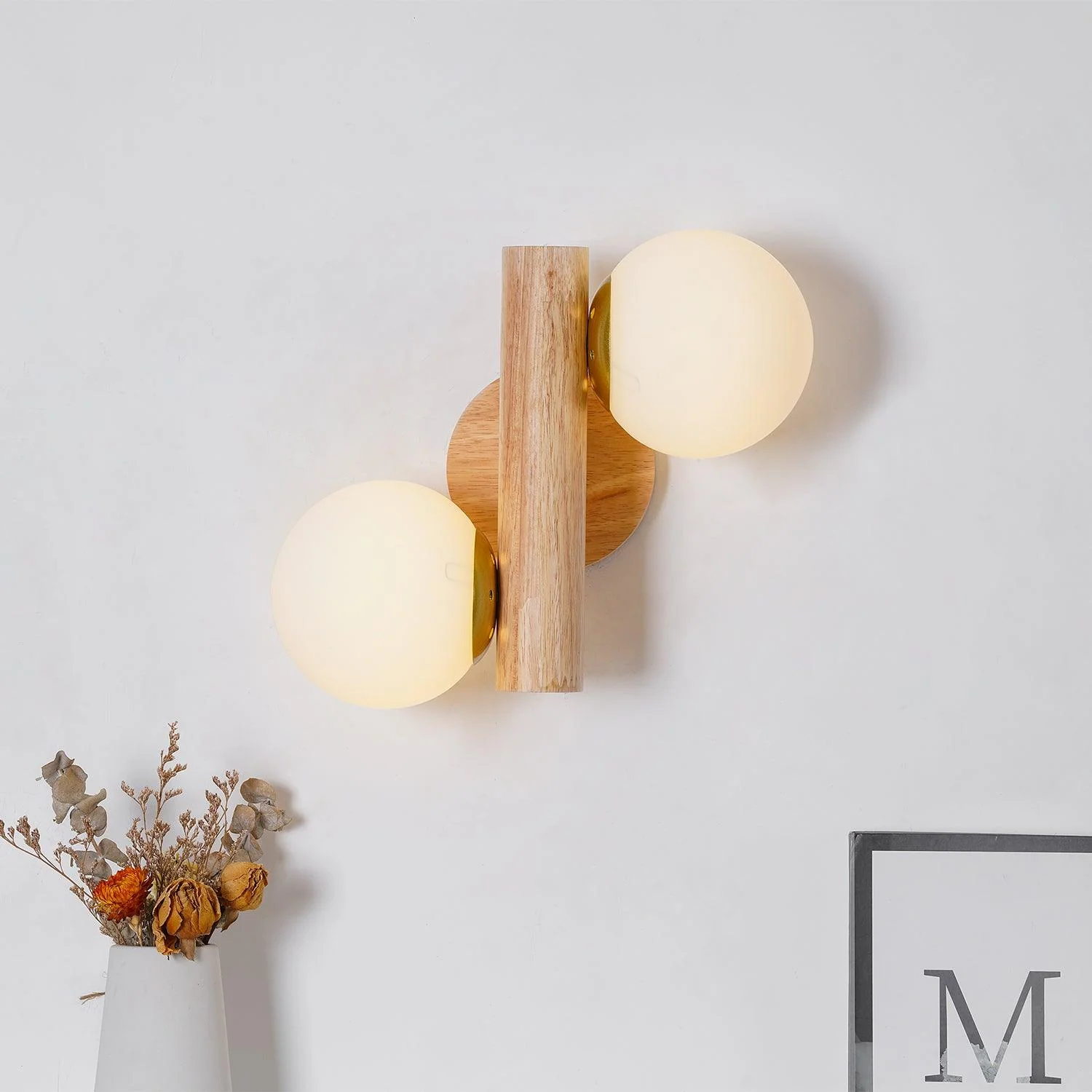Ozawa Double Spherical Wood Glass Wall Lamp Bedroom Living Room