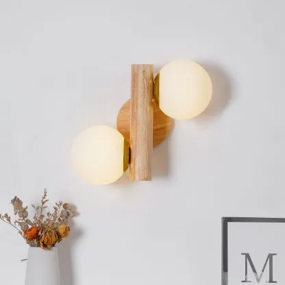 Ozawa Double Spherical Wood Glass Wall Lamp Bedroom Living Room
