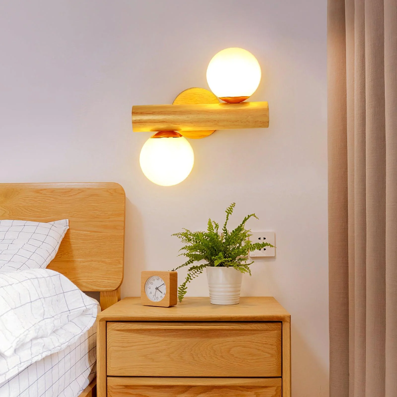 Ozawa Double Spherical Wood Glass Wall Lamp Bedroom Living Room