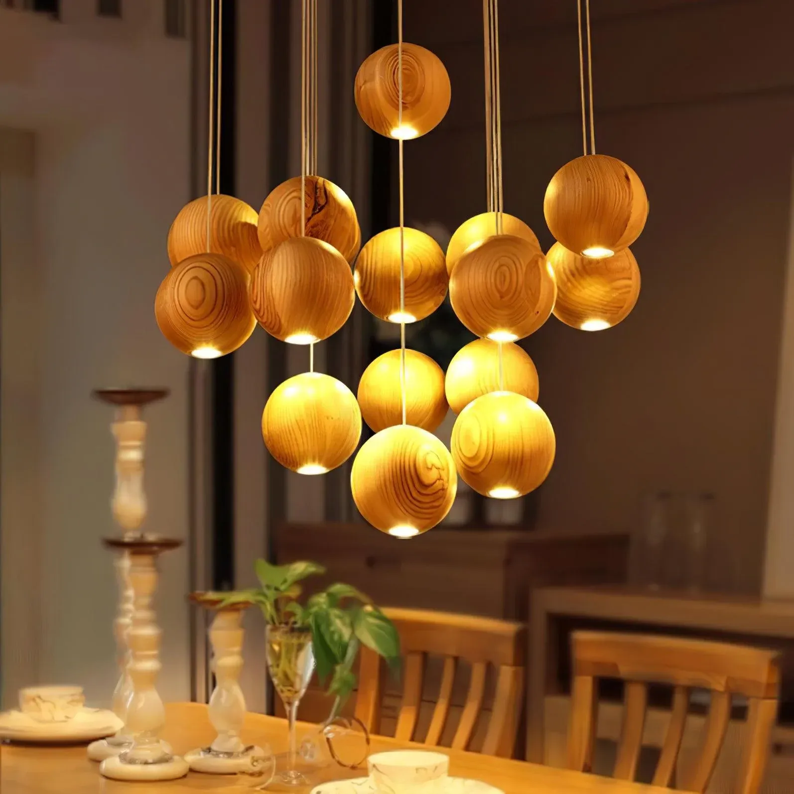 Muto Orb Sphere Cluster Metal Wood Pendant Light Dining Room Living Room