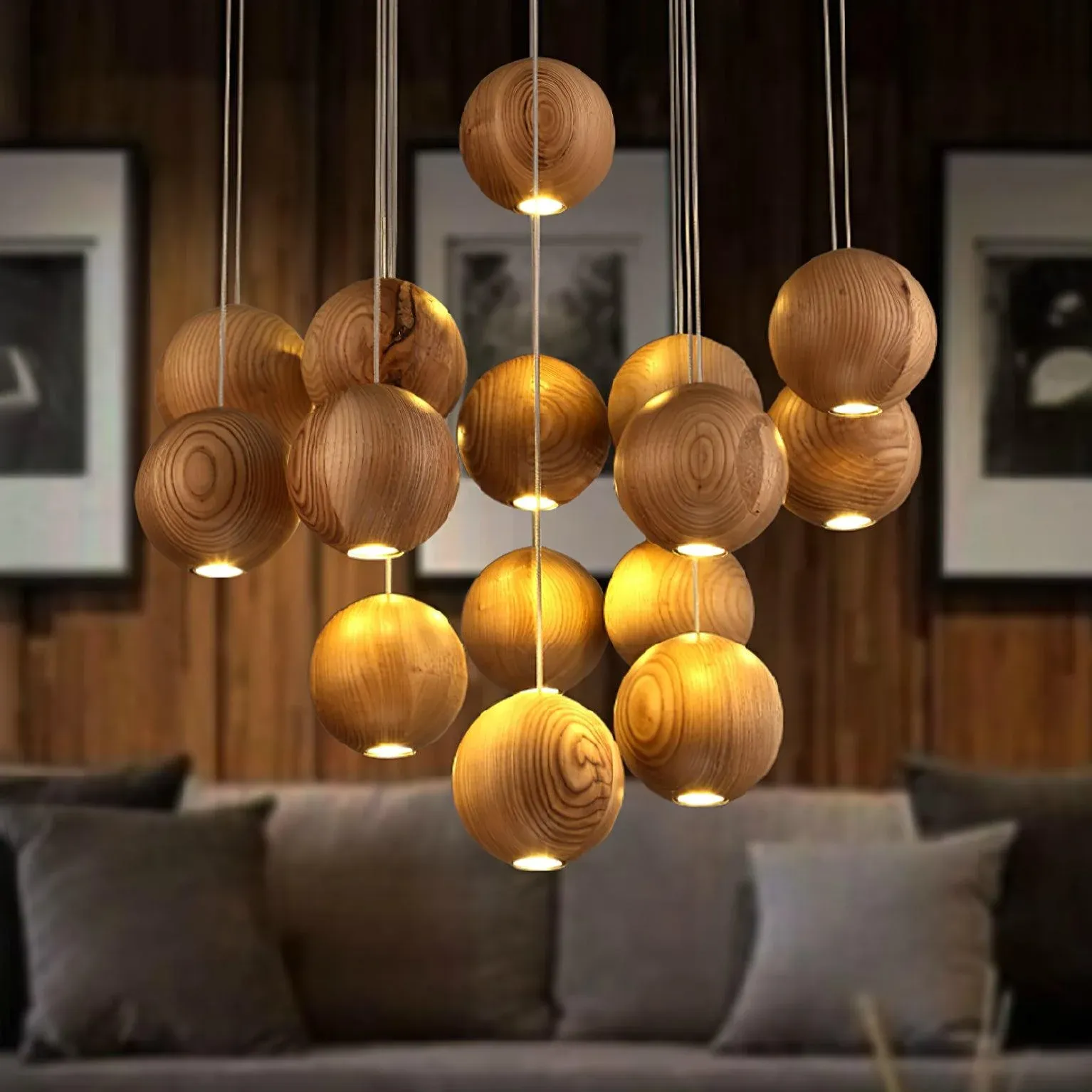Muto Orb Sphere Cluster Metal Wood Pendant Light Dining Room Living Room