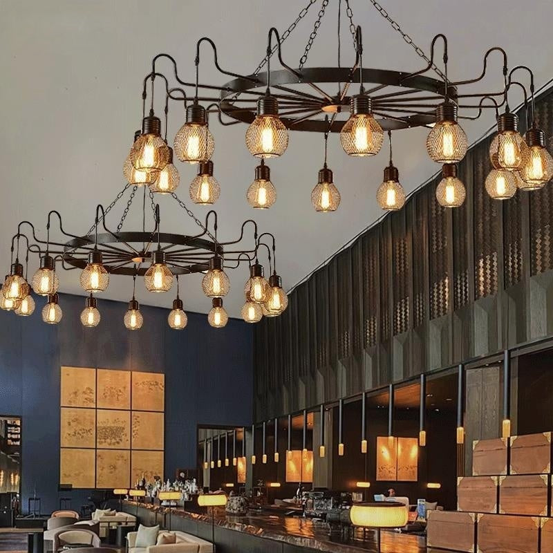 Industrial LED chandelier in bar, Alessio lighting