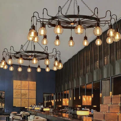 Industrial LED chandelier in bar, Alessio lighting