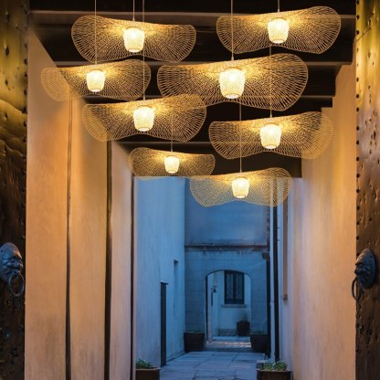 Muto Pendant Light Rattan/Metal, Gold, Kitchen Island