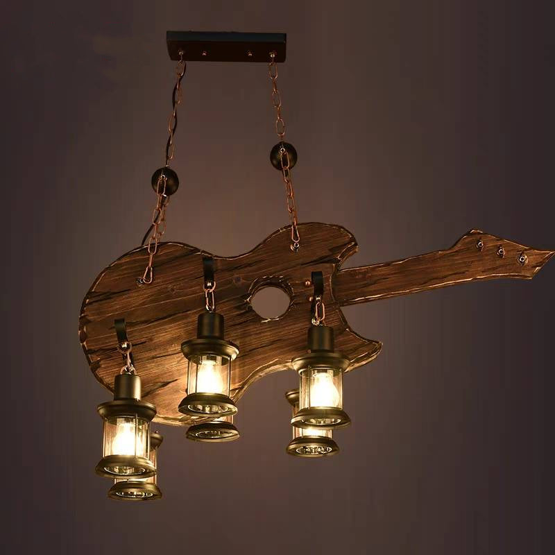 Guitar Pendant Light with Lantern Shades, Austin Farmhouse Style