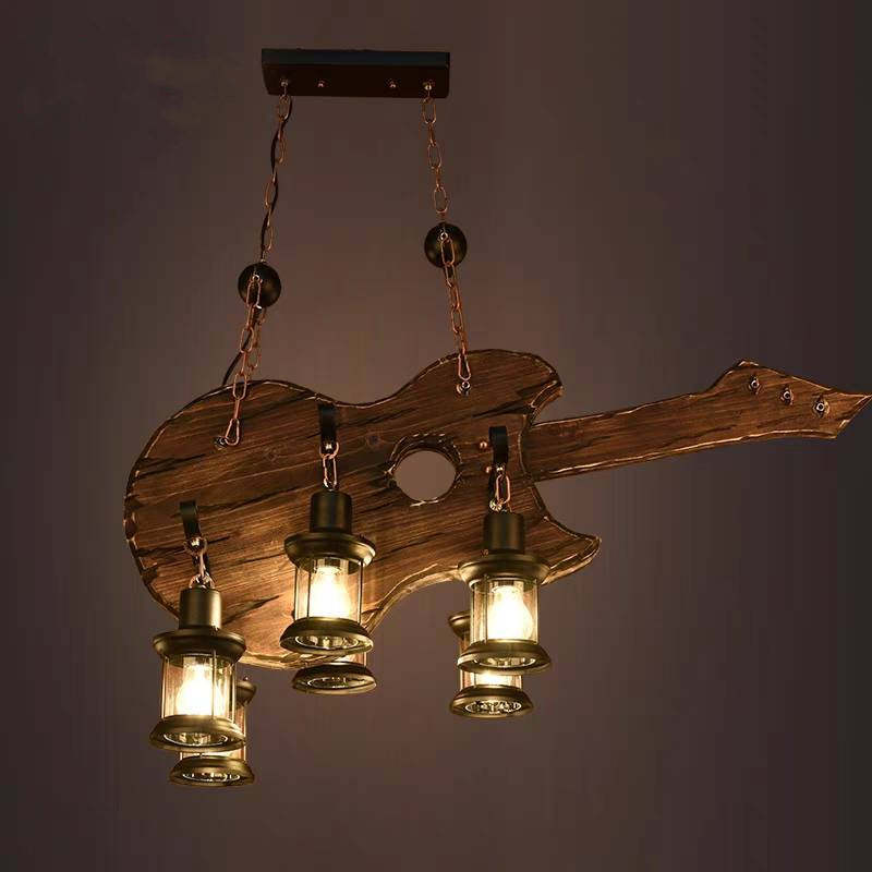Guitar Pendant Light with Lantern Shades, Austin Farmhouse Style