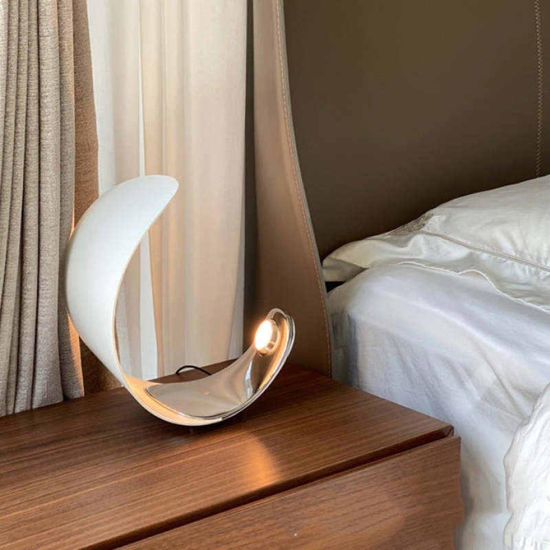 Moon arc table lamp on nightstand, bedroom accent