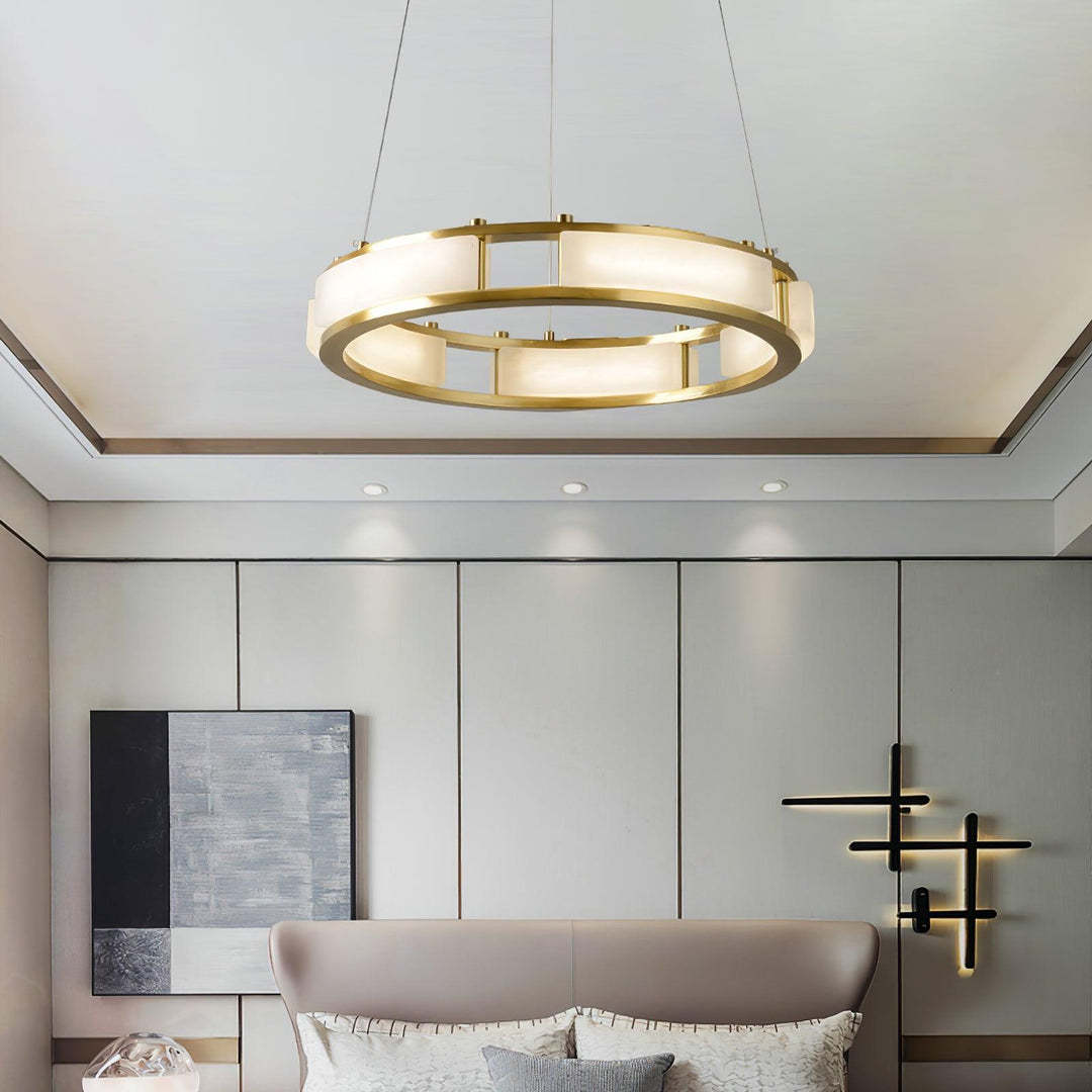 Jade Modern Alabaster Brass Circular Chandelier Living Room Dining Room