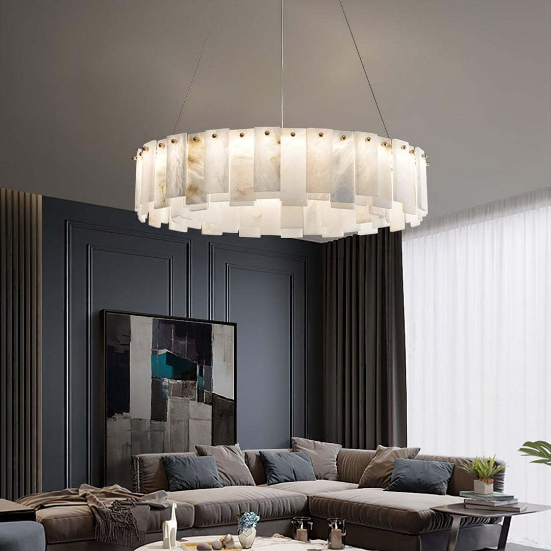 Jade Contemporary Alabaster Round Brass Chandelier Living Room