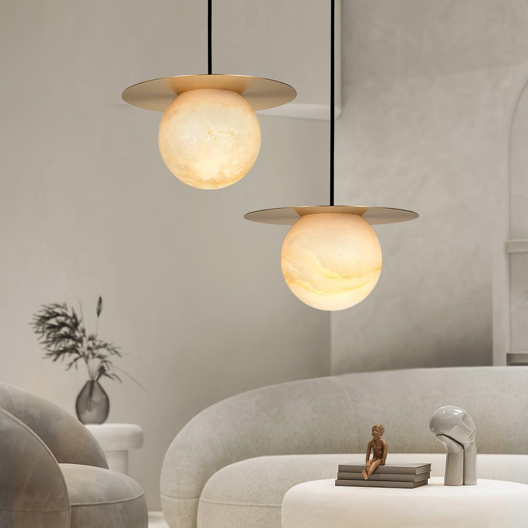 Jade Alabaster Spherical Brass Modern Pendant Light Dining Room