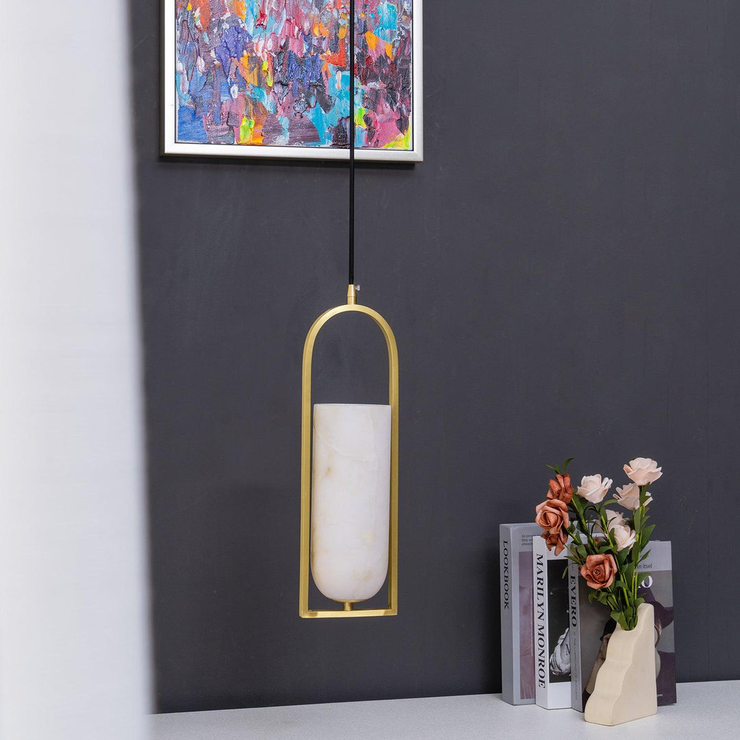 Jade Elegant Alabaster Cylinder Brass Pendant Light Dining Room