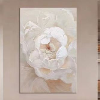 Floral White Cream Oil Painting Canvas Wall Art Living Room