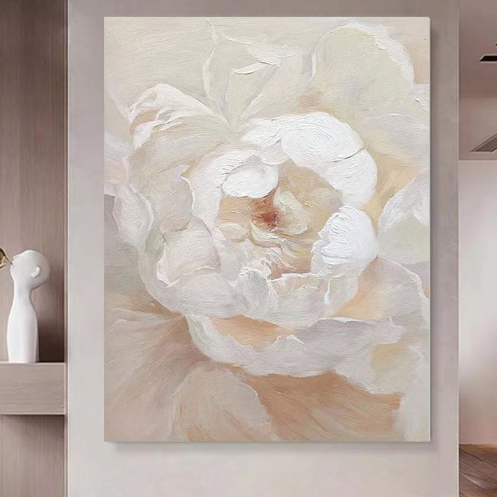Floral White Cream Oil Painting Canvas Wall Art Living Room