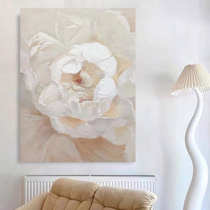 Floral White Cream Oil Painting Canvas Wall Art Living Room