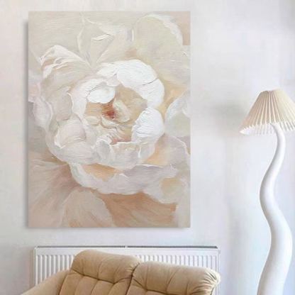 Floral White Cream Oil Painting Canvas Wall Art Living Room