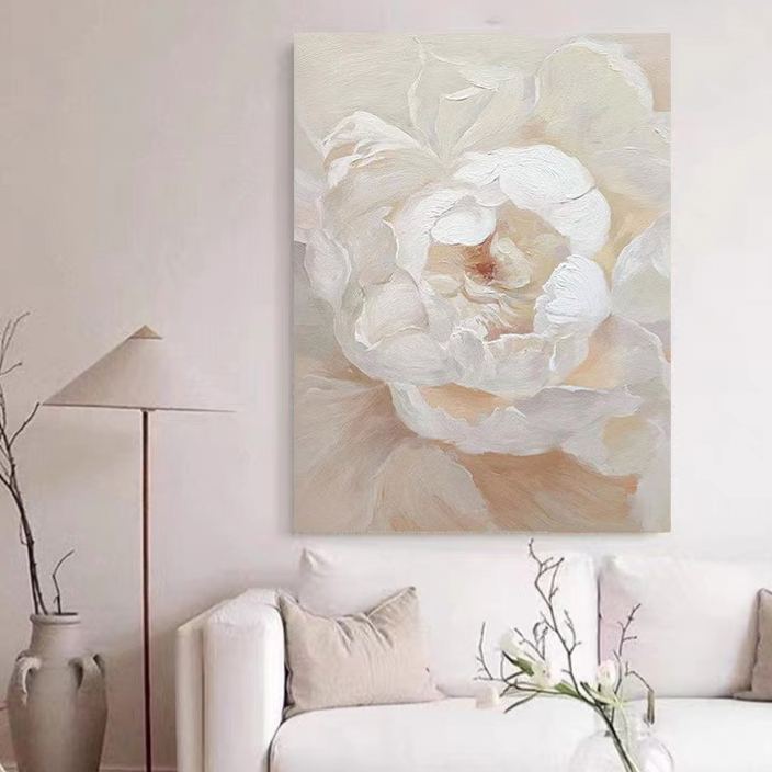 Floral White Cream Oil Painting Canvas Wall Art Living Room