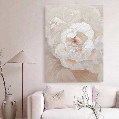 Floral White Cream Oil Painting Canvas Wall Art Living Room