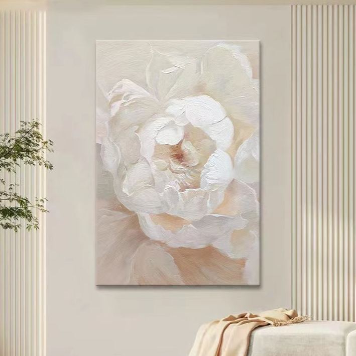 Floral White Cream Oil Painting Canvas Wall Art Living Room