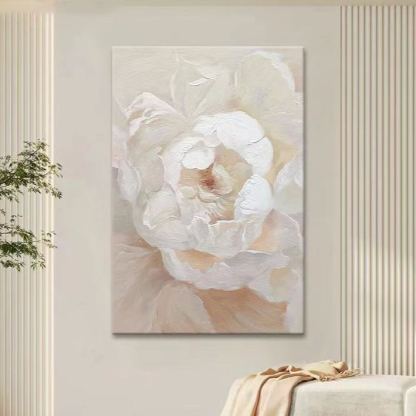 Floral White Cream Oil Painting Canvas Wall Art Living Room
