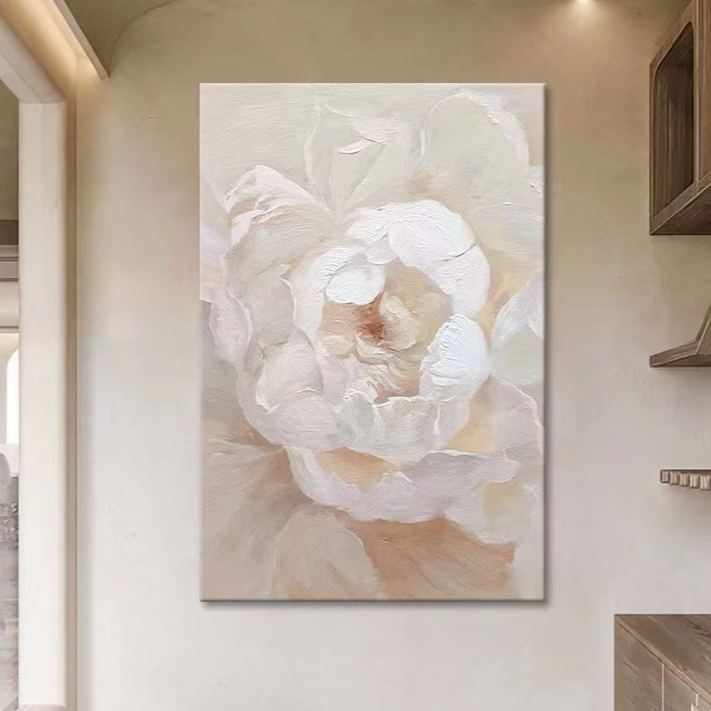 Floral White Cream Oil Painting Canvas Wall Art Living Room