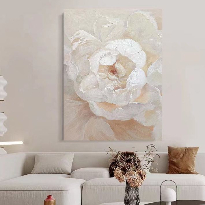 Floral White Cream Oil Painting Canvas Wall Art Living Room