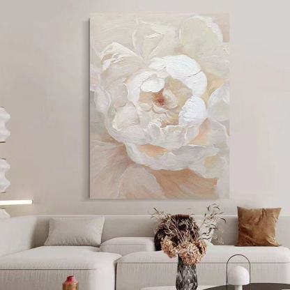 Floral White Cream Oil Painting Canvas Wall Art Living Room