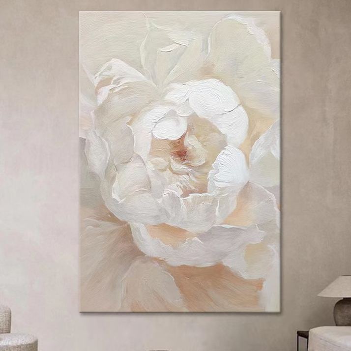 Floral White Cream Oil Painting Canvas Wall Art Living Room