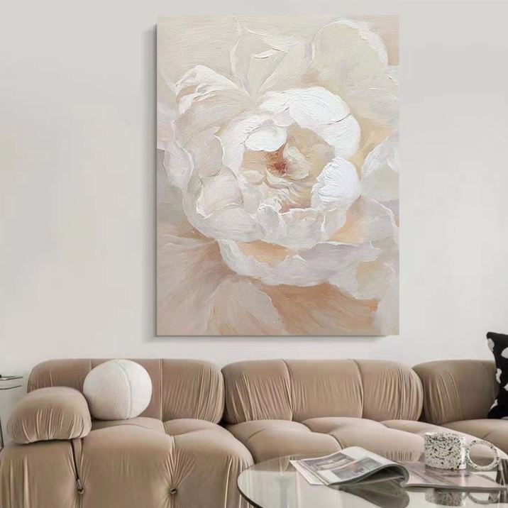 Floral White Cream Oil Painting Canvas Wall Art Living Room