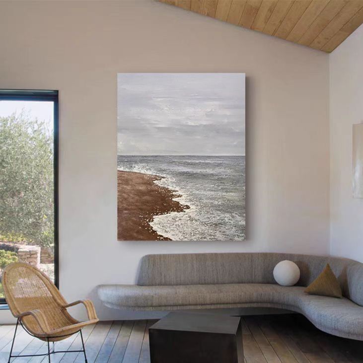 Beach & Ocean Blue Brown Oil Painting Canvas Wall Art Living Room Entrance