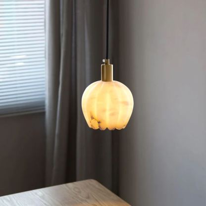 Jade Modern Round Flower Metal Alabaster Pendant Light Bedroom Dining Room