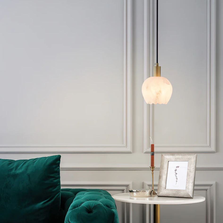Jade Modern Round Flower Metal Alabaster Pendant Light Bedroom Dining Room